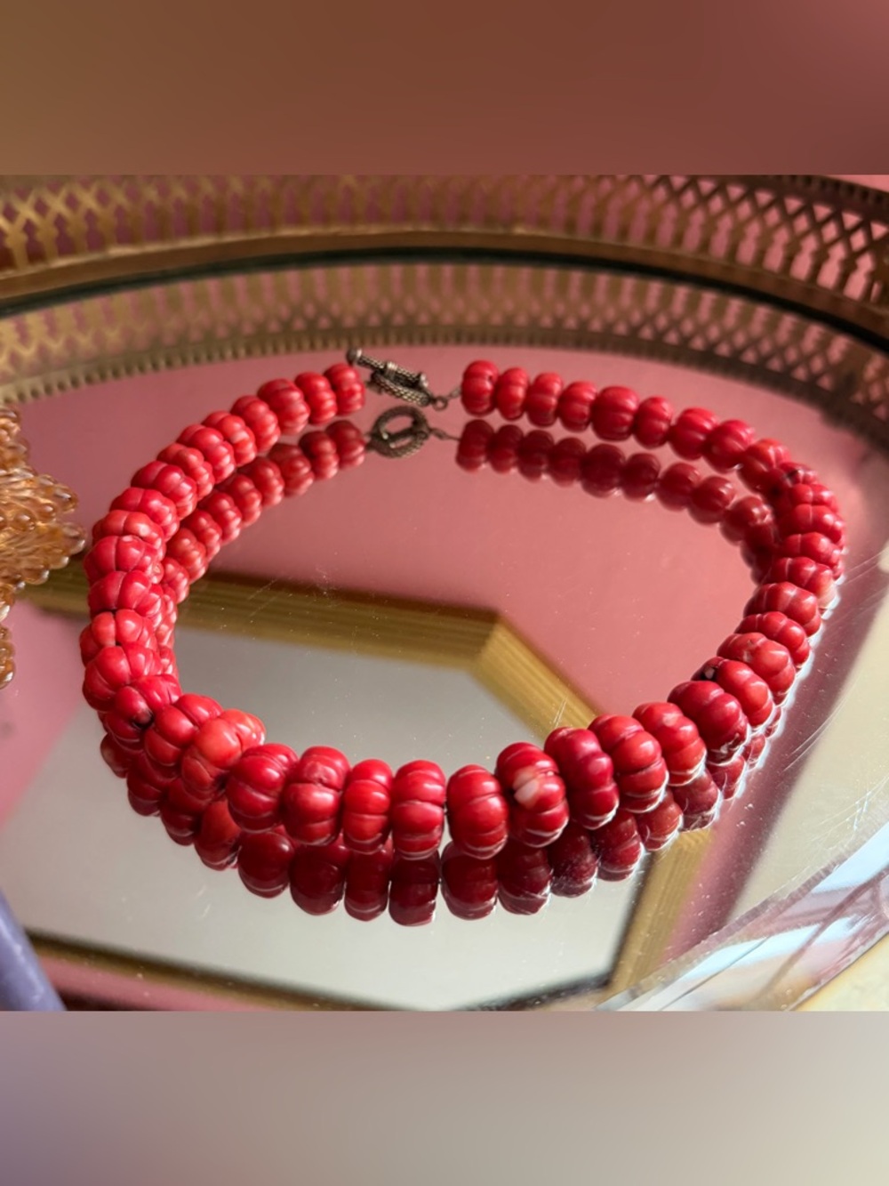 Stunning Vintage Vivid Red Italian Coral Carved Gourd Beaded Necklace - Picture 7 of 7